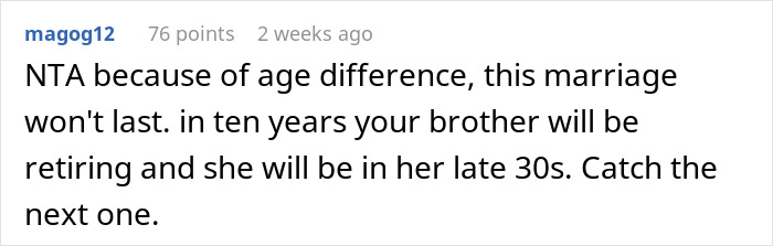 Reddit comment discussing age difference and marriage longevity concerns.