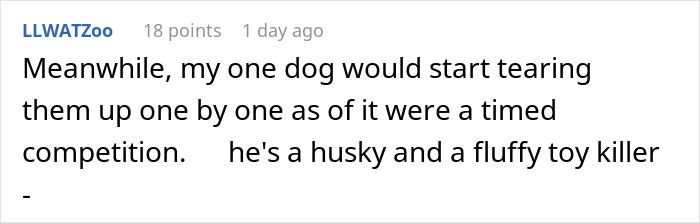Text comment about a husky tearing up Christmas gifts like a competition.