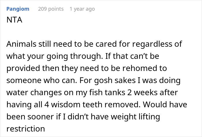 Reddit comment about caring for animals despite personal challenges, referencing a daughter's chores and health.