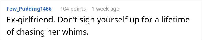 Reddit comment about a proposal and relationship regrets.
