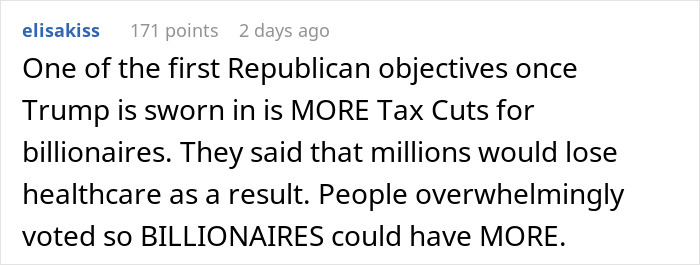 Reddit comment criticizing tax cuts for billionaires, claiming healthcare loss for millions. Reddit comment criticizing tax cuts for billionaires, claiming healthcare loss for millions.