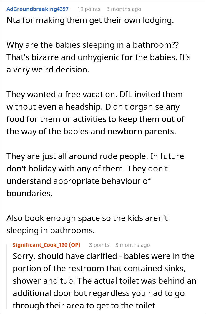 Text exchange about in-laws arriving unannounced and babies sleeping arrangements on vacation.