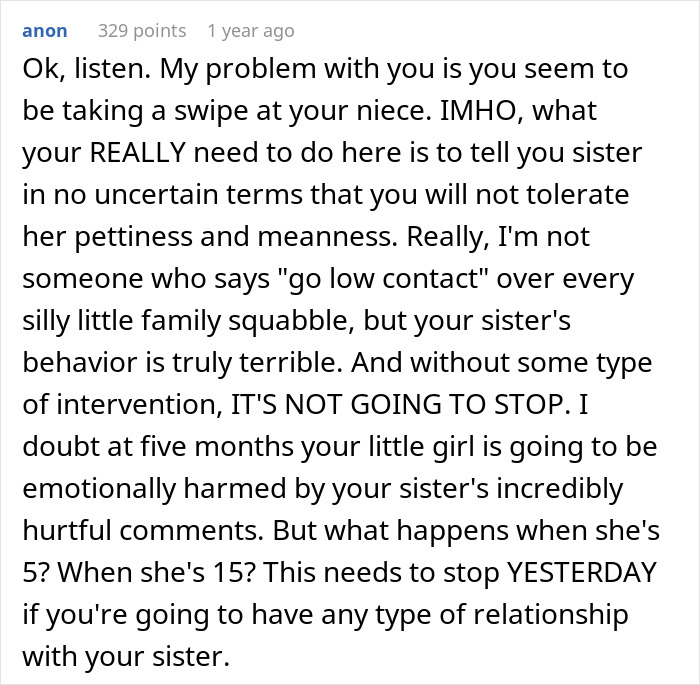 Reddit comment discussing criticism of family members' appearances and calling for intervention.