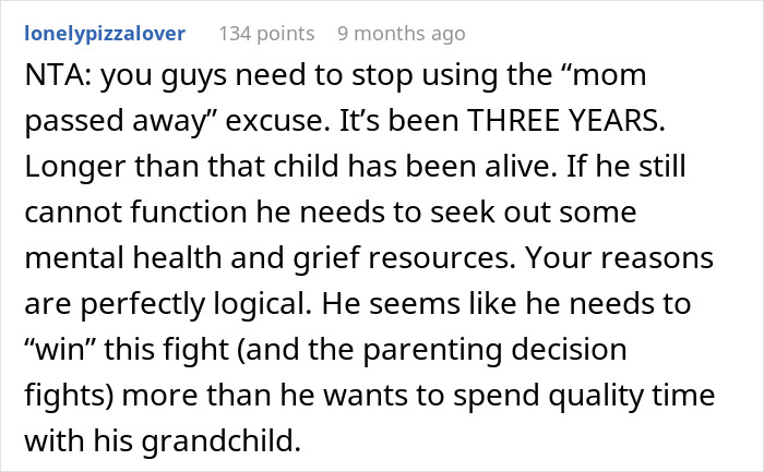 Reddit comment discussing grief resources and parenting decisions concerning a grandfather.
