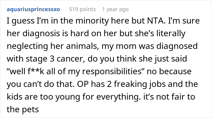 Comment about mom insisting daughter's disease isn't an excuse for neglecting chores, sparking a divided internet discussion.