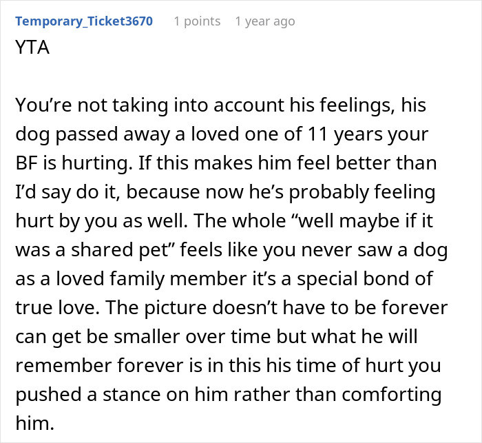 Reddit comment discussing emotions about displaying a large photo of a boyfriend's late dog in the apartment. Reddit comment discussing emotions about displaying a large photo of a boyfriend's late dog in the apartment.