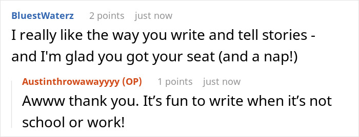 Comments discussing a woman getting her seat back after a humorous incident with a dog.