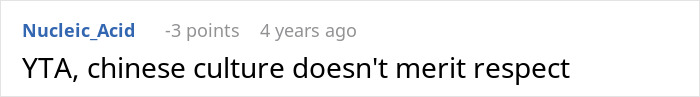 Comment critical of Chinese culture related to a bride's wedding decision. Comment critical of Chinese culture related to a bride's wedding decision.