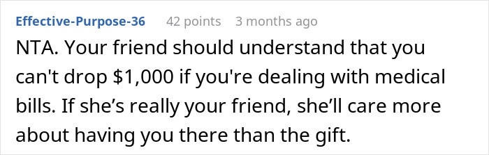 Comment on skipping wedding due to friend's high gift expectations.