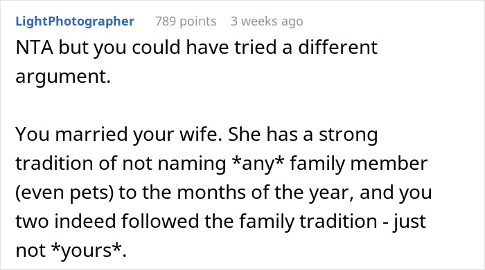 Text discussing breaking family tradition in naming a baby, with a focus on month-related names. Text discussing breaking family tradition in naming a baby, with a focus on month-related names.