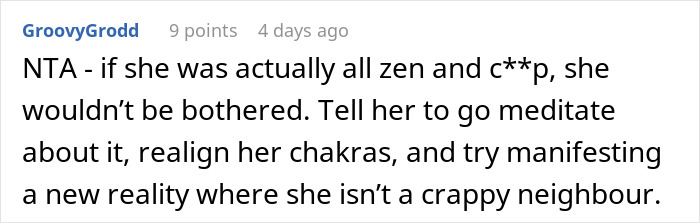 Comment discussing a woman standing her ground against demands to align chakras from her "hippie" neighbor.