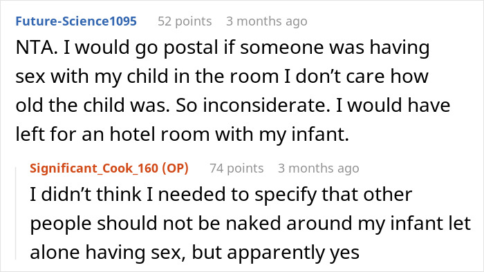 Reddit exchange discussing inappropriate behavior around children, highlighting in-law drama during an unplanned vacation.