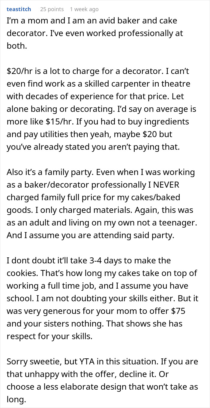 Text from a mom discussing charges for her daughter's Christmas cookies and baking experience. Text from a mom discussing charges for her daughter's Christmas cookies and baking experience.