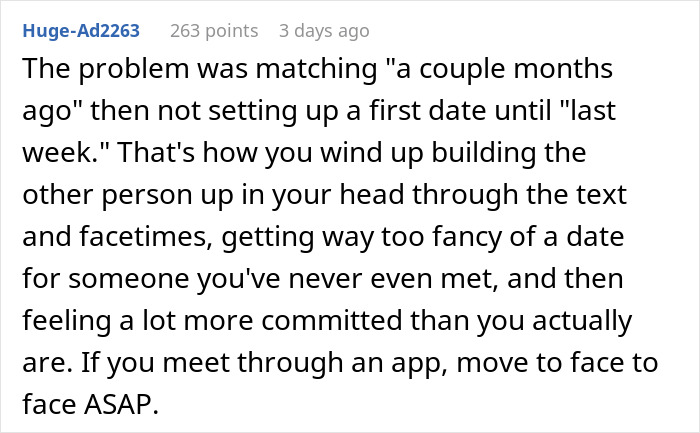 Reddit comment discussing the timing of a first Bumble date and managing expectations for dating app meetups.