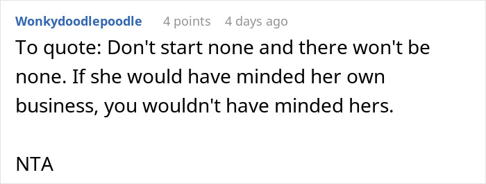 Reddit comment supporting a woman's defense against her neighbor's chakra demands.