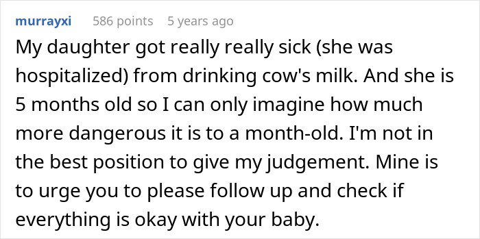 Comment about baby sickened by cow milk, urging follow-up for safety concerns. Comment about baby sickened by cow milk, urging follow-up for safety concerns.
