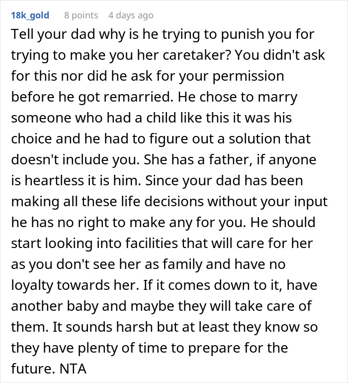 Reddit comment criticizing a dad for trying to make his teen care for her disabled stepsister.