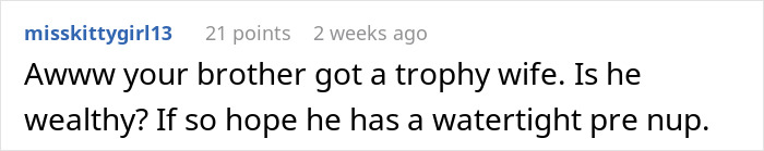 Reddit comment about a brother's trophy wife and prenup concerns.