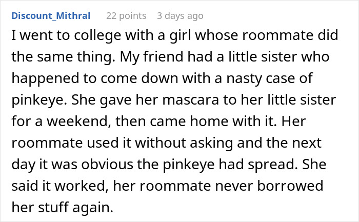 Text story about a roommate using makeup, resulting in an unexpected consequence with pinkeye.