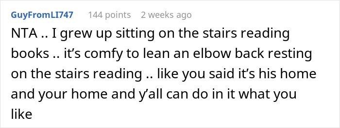 Comment supporting sitting on stairs, emphasizing comfort and personal choice in one's own home.