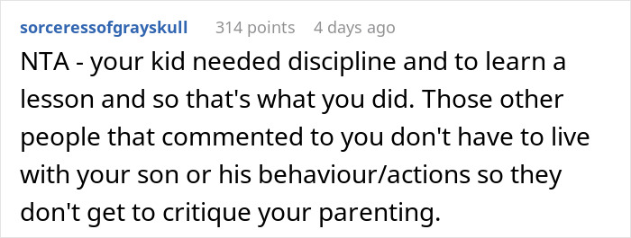 Comment supports dad&rsquo;s decision to teach discipline to his son, mentioning parenting challenges and son's behavior.