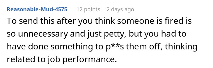 Comment discussing assumptions about being fired and job performance.
