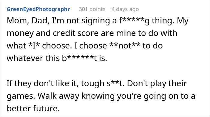 Text message expressing a decision to protect personal finances, rejecting family pressure.