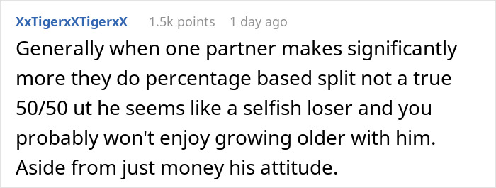 Text comment discussing issues with a 50/50 bill split despite income differences.