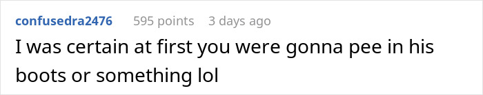 A Reddit comment joking about a potential prank involving water revenge and boots.