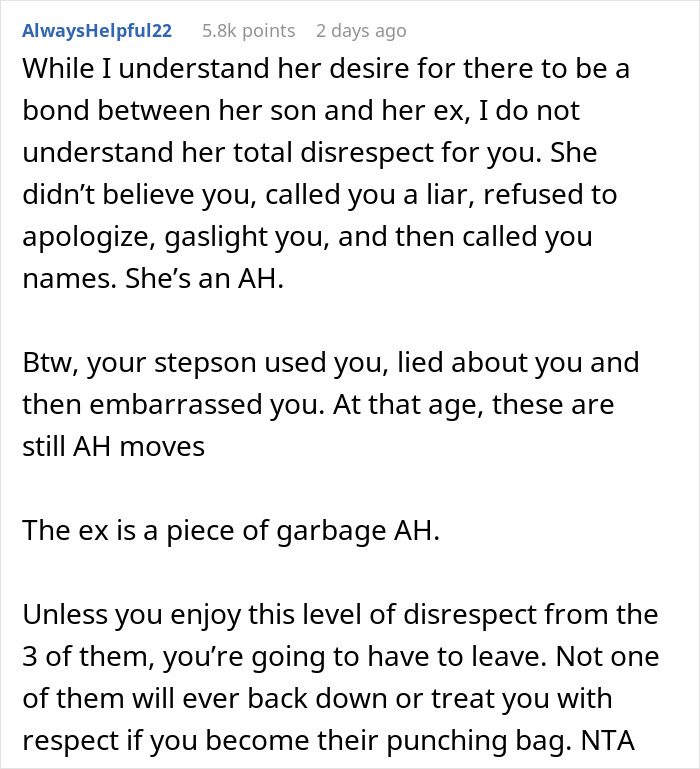 Reddit comment criticizing wife's behavior, siding with husband over disrespectful ex.