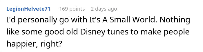 Comment suggesting Disney tunes to resolve noise neighbor conflict.
