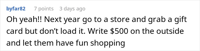 Comment suggesting giving an empty gift card with $500 written on it after vacation gift is cancelled.