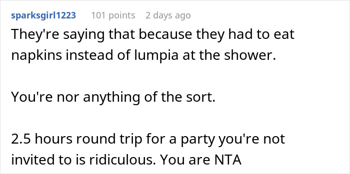 Text exchange about woman uninvited from baby shower, discussing refusal to deliver food; commenters support her decision. Text exchange about woman uninvited from baby shower, discussing refusal to deliver food; commenters support her decision.