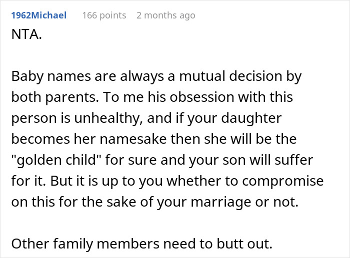Screenshot of a Reddit comment discussing a mother-in-law's poor treatment and baby name decisions.