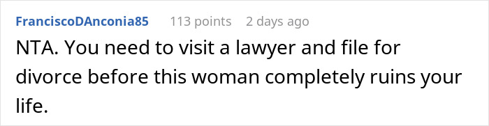 Reddit comment advising a husband to file for divorce from his wife over trust issues.