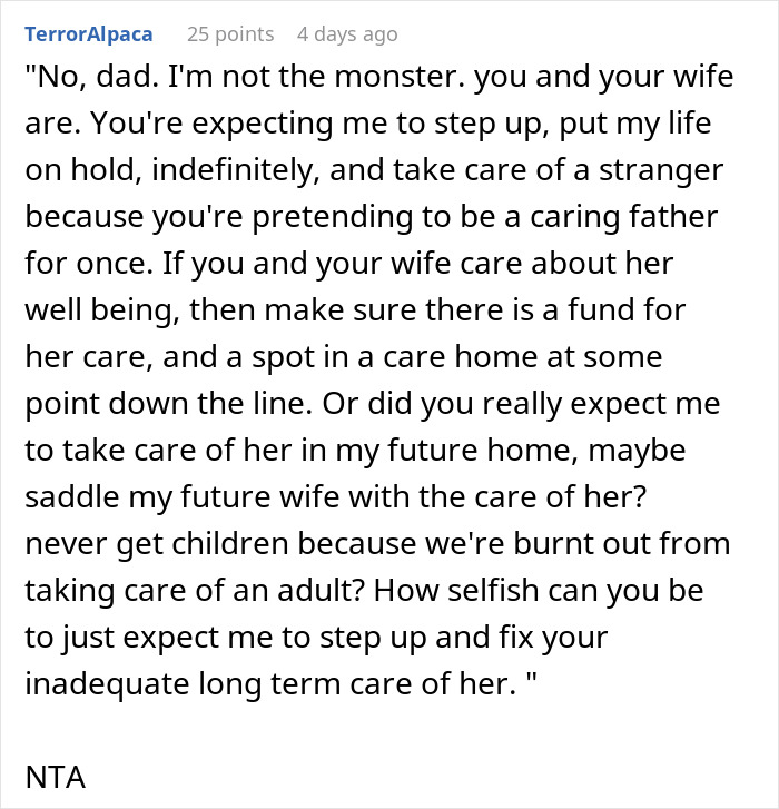 Text exchange discussing a father's guilt trip over a teen's disabled stepsister and responsibility issues.