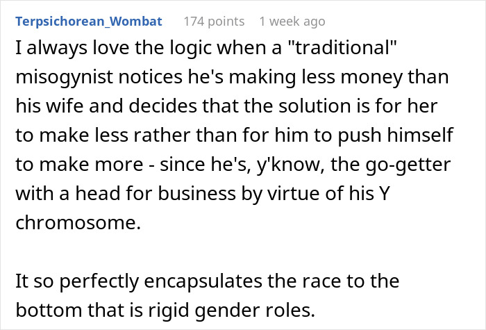 Reddit comment discussing gender roles and financial dynamics in relationships.