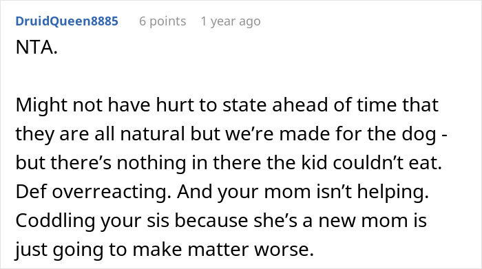 Reddit comment discussing the safety of dog treats and family dynamics. Reddit comment discussing the safety of dog treats and family dynamics.