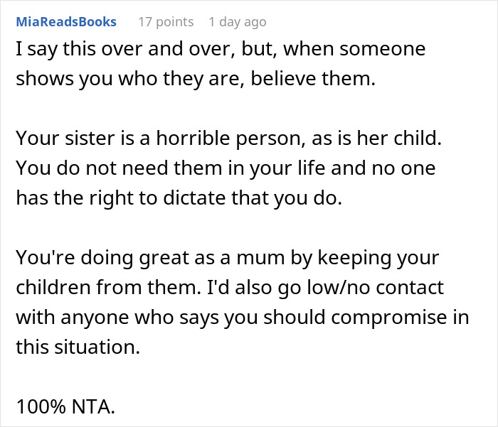 Reddit comment advising on family boundaries and wedding invitation refusal.