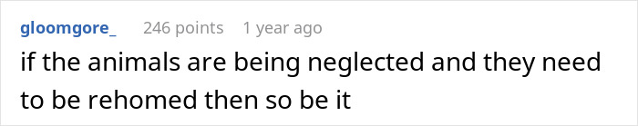 Reddit comment discussing neglected animals and rehoming, related to daughter's chores debate.