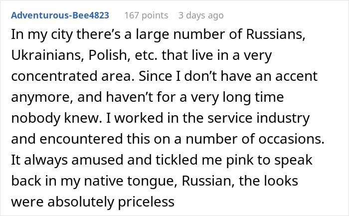 Text story about a woman speaking Russian in response to local comments, highlighting cultural diversity. Text story about a woman speaking Russian in response to local comments, highlighting cultural diversity.