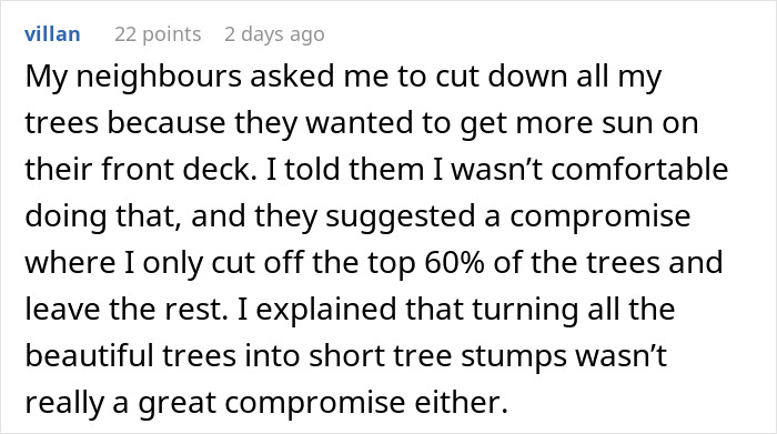 Text exchange about neighbor's demand for tree cutting as petty revenge. Text exchange about neighbor's demand for tree cutting as petty revenge.