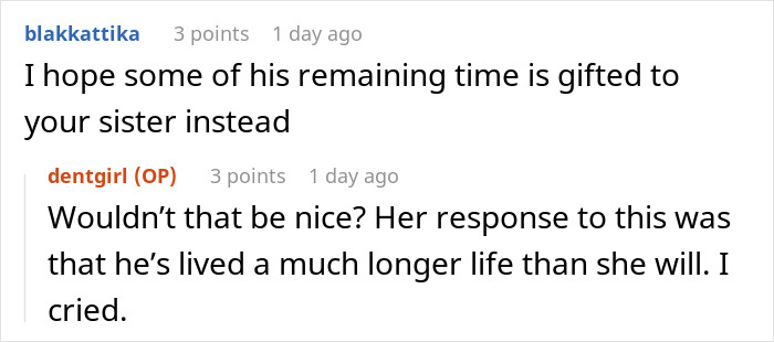 Reddit conversation: user reacts to a comment about a woman's response on her life expectancy.