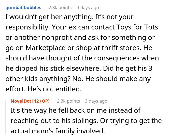 Reddit conversation about not getting an ex's affair child a Christmas gift. Reddit conversation about not getting an ex's affair child a Christmas gift.