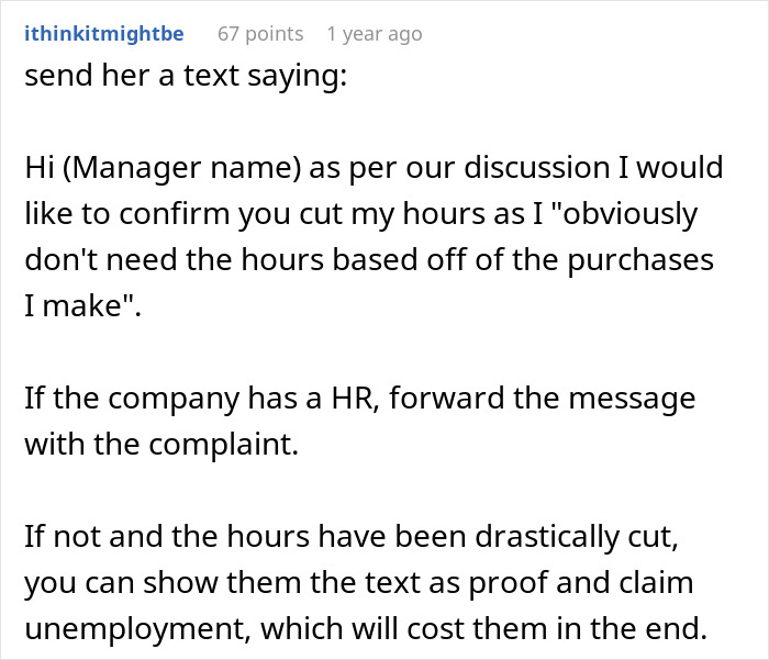 Screenshot of a Reddit post discussing a boss cutting employee hours due to a motorcycle purchase.