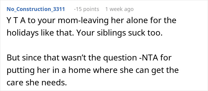 Comment discussing placing mom in care facility, expressing mixed reactions. Comment discussing placing mom in care facility, expressing mixed reactions.