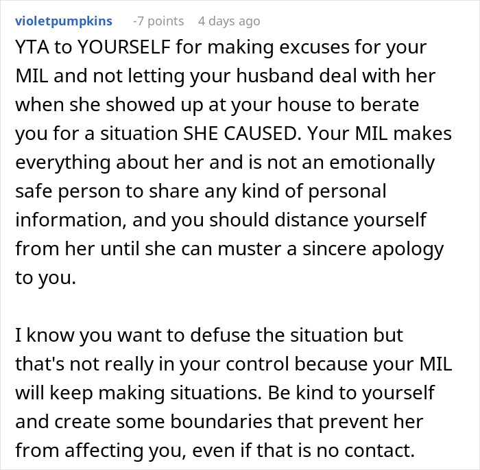 Reddit comment discussing boundary setting after a mother-in-law incident related to miscarriages.