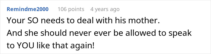 Text comment about MIL visiting unannounced, advising partner to handle the situation better.