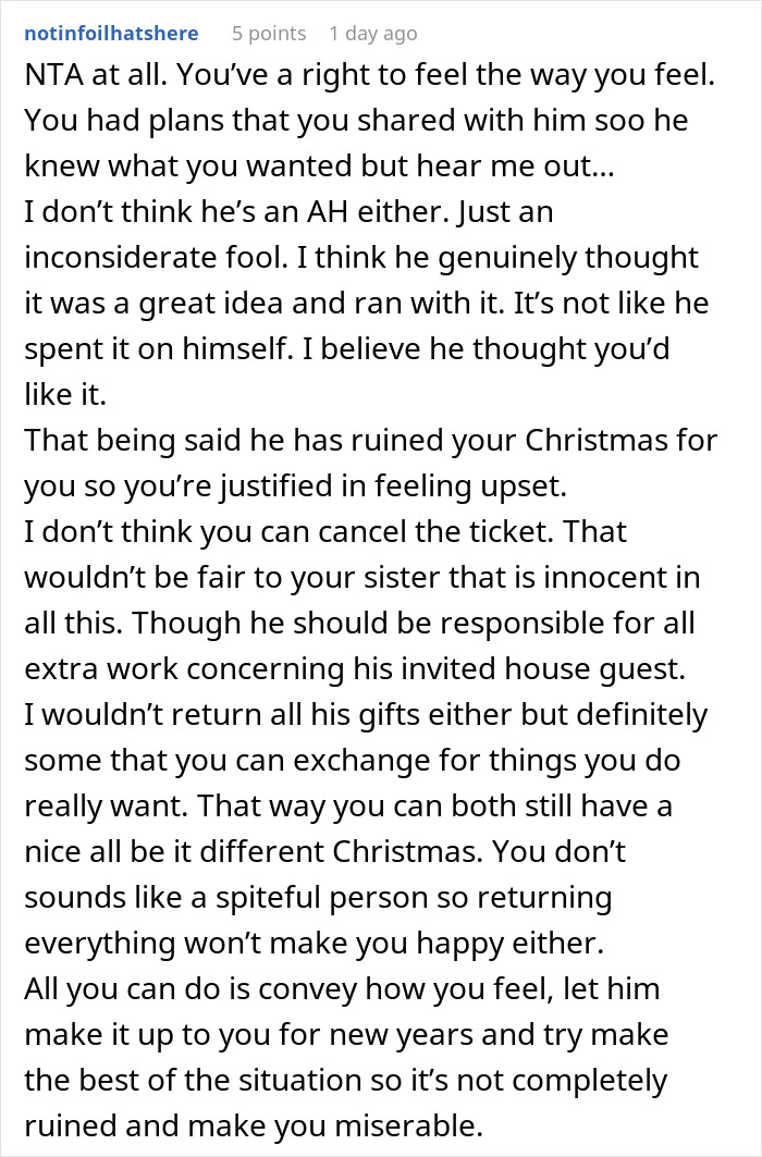 Comment on a man's thoughtful surprise gone wrong, discussing Christmas plans and feelings of upset.