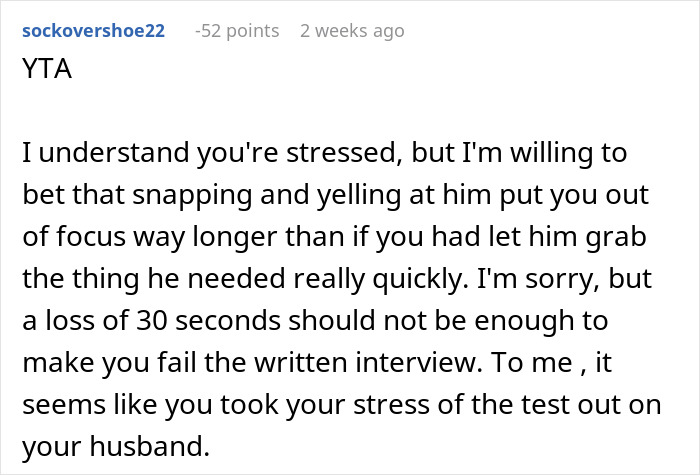 Text commentary discusses a woman's reaction to her husband interrupting her critical job test.